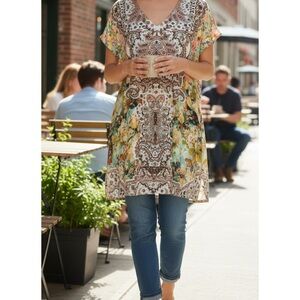 SOFT SURROUNDINGS boho tropical patria top size L artsy resort beaded shirt